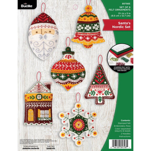 Santa's Nordic Set Bucilla Felt Ornaments Applique Kit Set Of 6