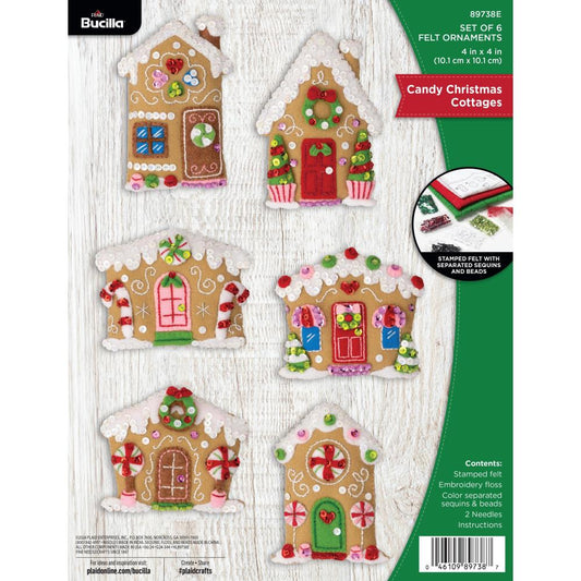Candy Christmas Cottages Bucilla Felt Ornaments Applique Kit
