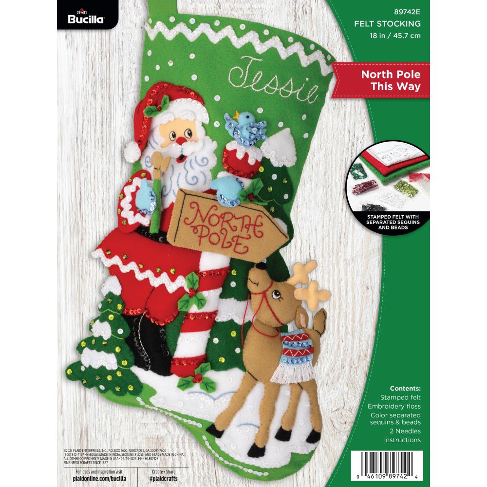 North Pole This Way Bucilla Felt Stocking Applique Kit 18"
