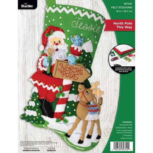 North Pole This Way Bucilla Felt Stocking Applique Kit 18"
