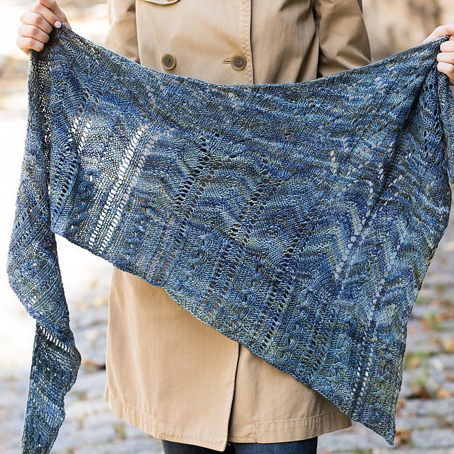 Carroll Lace Offset Triangle Shawl, designed by Vanessa Ewing, intermediate level, using Malabrigo Silky Merino