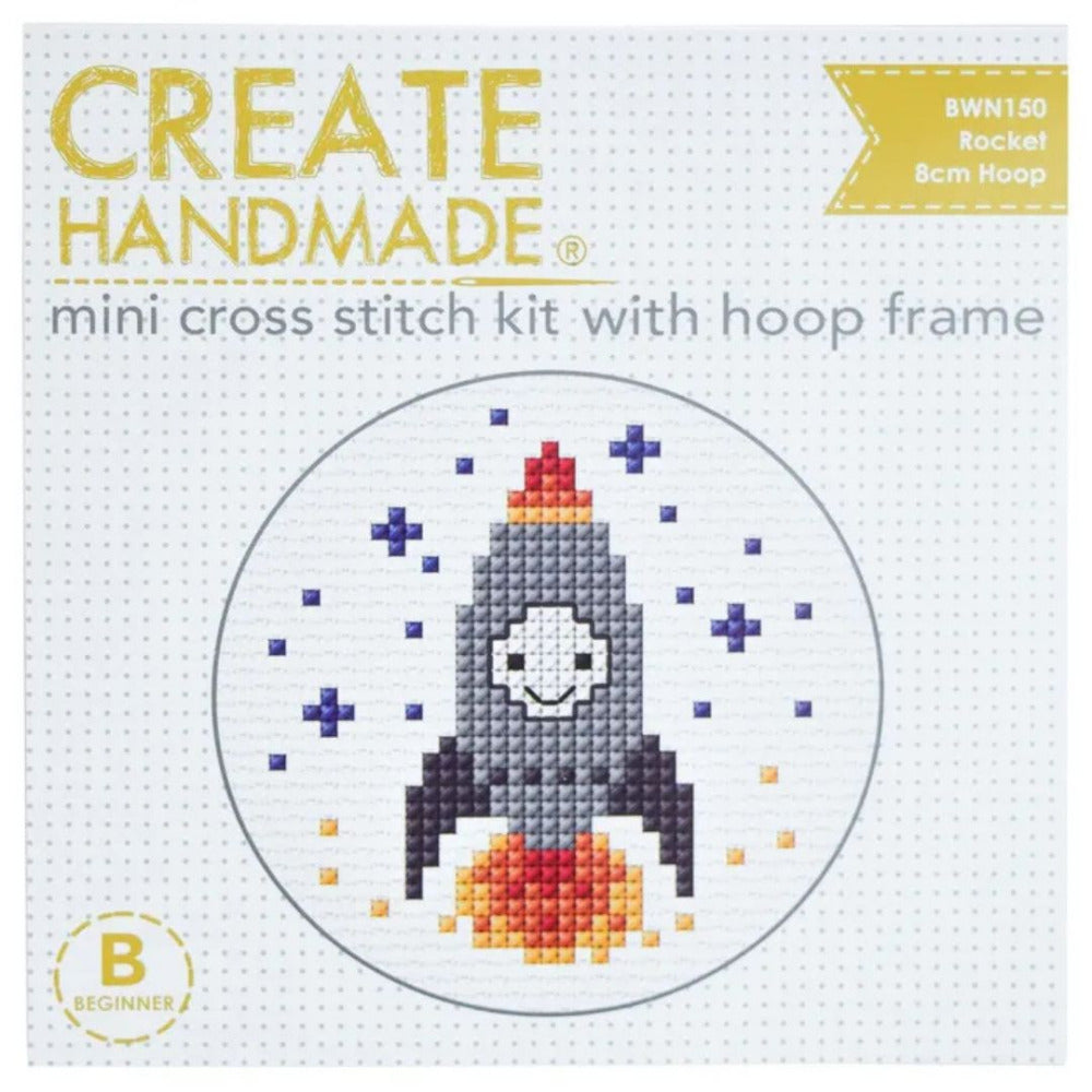 Mini Counted Cross Stitch Kit with Hoop Frame - Rocket