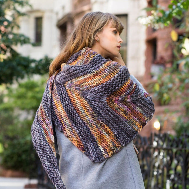 Degraw Angular Shawl designed by Taiga Hilliard, intermediate knitting pattern using Malabrigo Rasta.