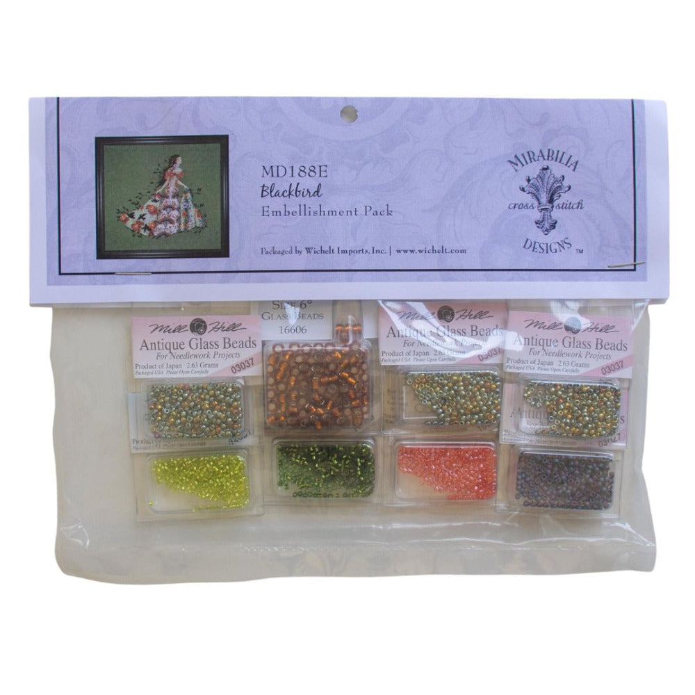 Mirabilia Blackbird Counted Cross Stitch Pattern with Embellishment Pack