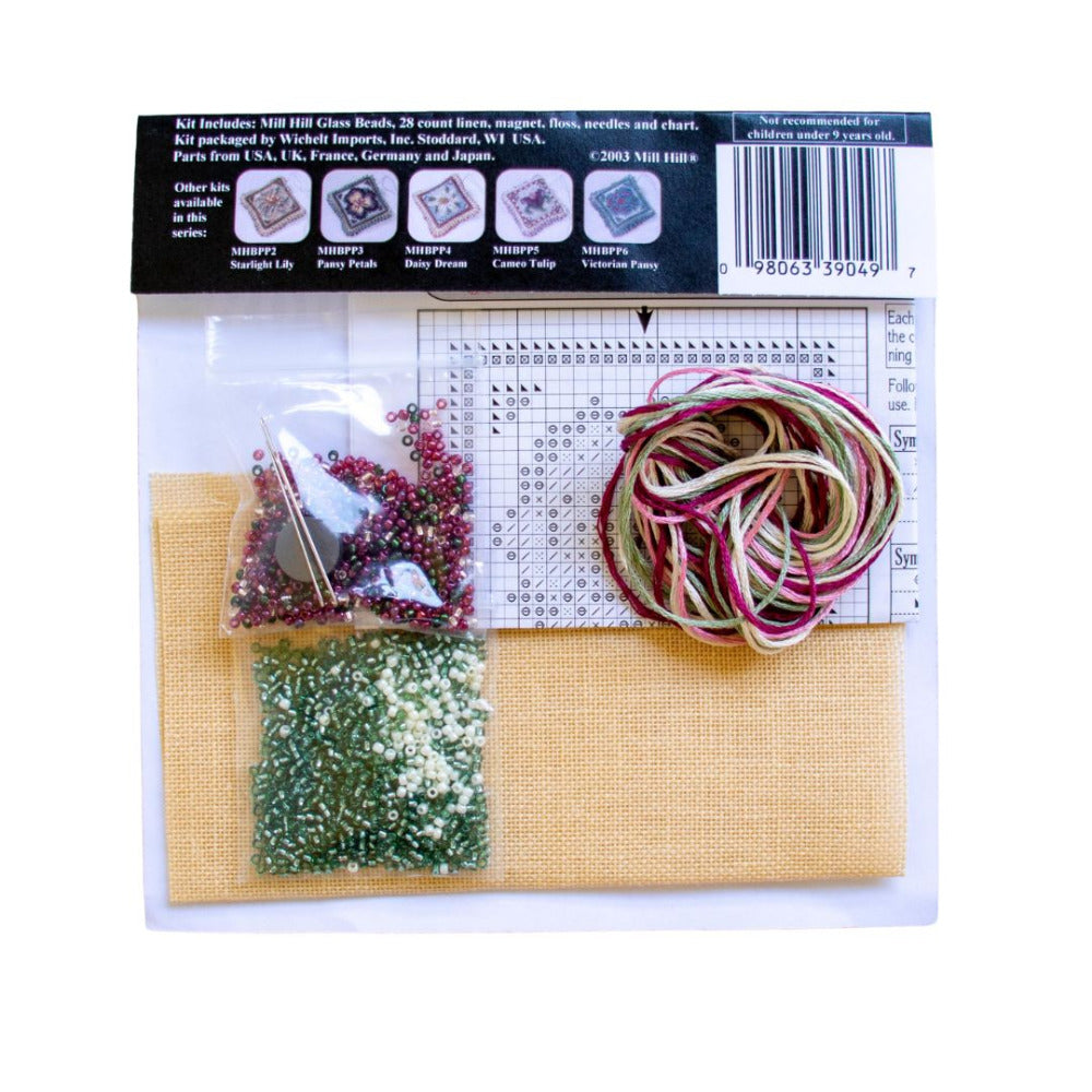 Mill Hill MHBPP1 Vintage Rose Pin Pillow Counted Cross Stitch Kit Contents