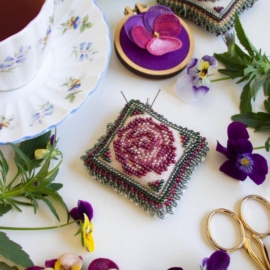 Mill Hill MHBPP1 Vintage Rose Pin Pillow Counted Cross Stitch Kit completed