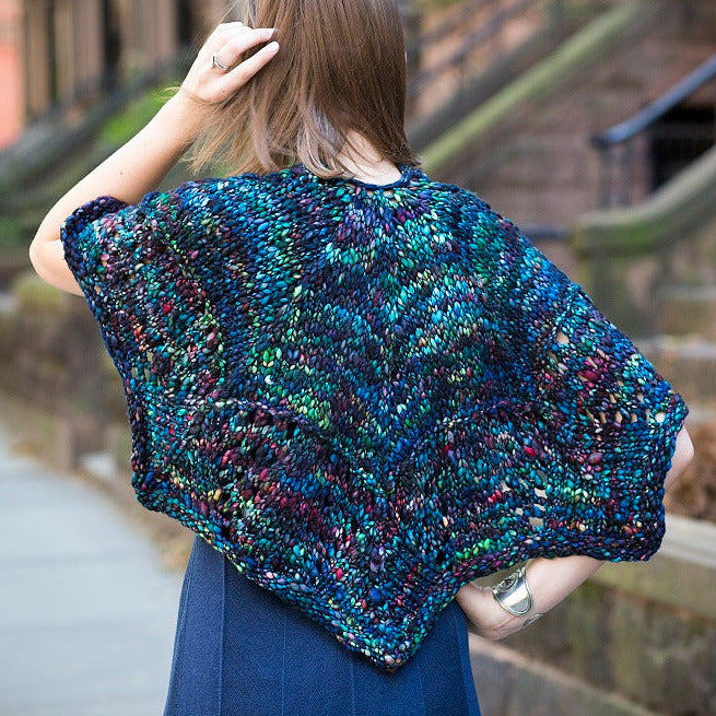 Park Place Pointed Edge Shawl, designed by Debbie O'Neill, intermediate level using Malabrigo Caracol, rear view