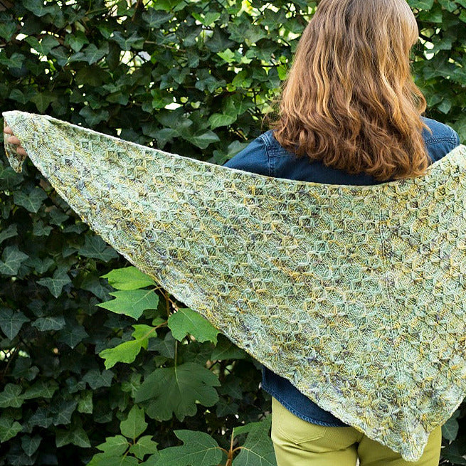 Prospect Park Circle Shawl designed by Susan Ashcroft, intermediate level using Malabrigo Worsted, rear view