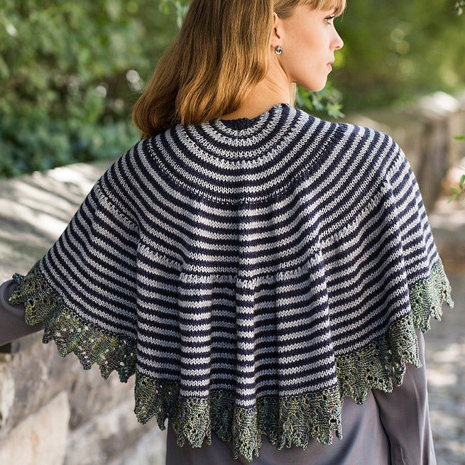 Sackett Crescent Shawl, designed by Caitlin French, intermediate level using Malabrigo Dos Tierras, rear view