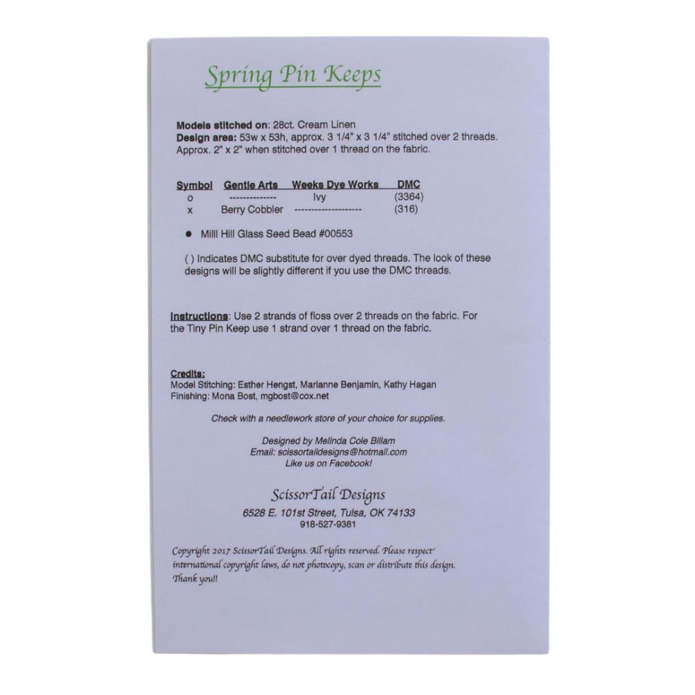 Scissor Tail Designs "Spring Pin Keeps" Cross Stitch Pattern reverse