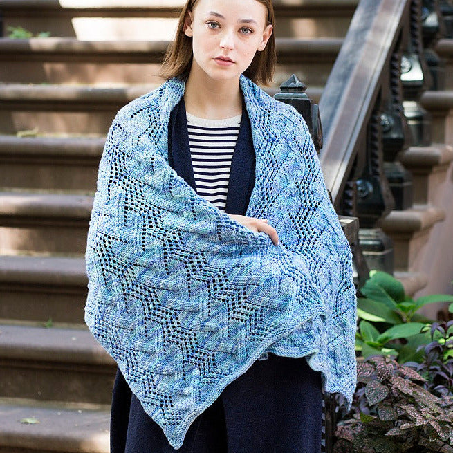 St. Marks Lace Panel Scarf/Shawl, designed by Jacqueline van Dillen, experinced level pattern using Malabrigo Rios.