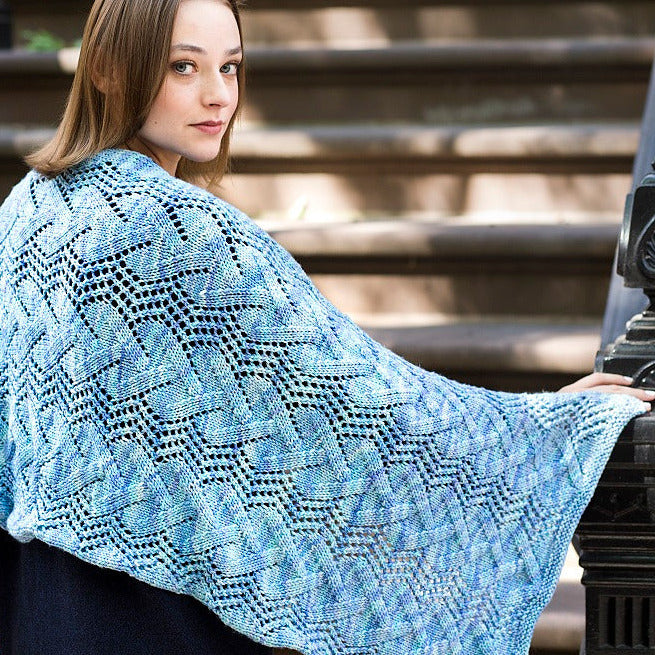 St. Marks Lace Panel Scarf/Shawl, designed by Jacqueline van Dillen, experinced level pattern using Malabrigo Rios, rear view.