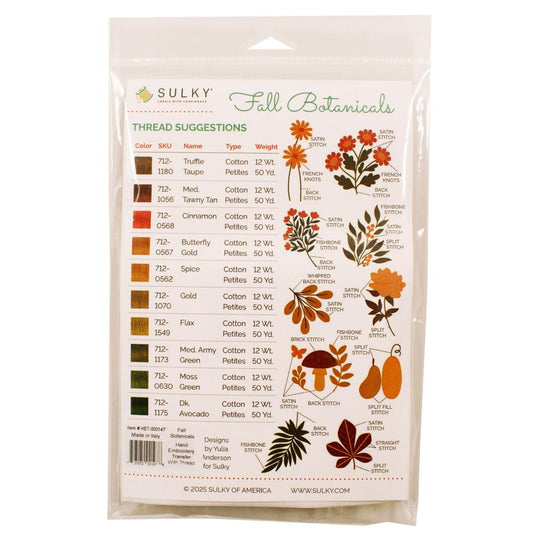 Sulky Water Soluble Hand Embroidery Transfers with Threads - Fall Botanicals