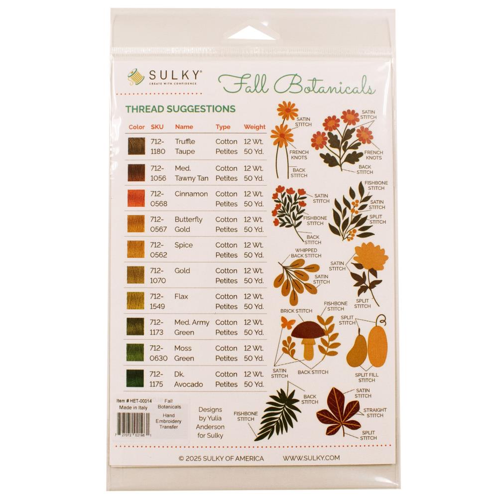 Sulky Stick 'n Stitch Water-Soluble Embroidery Transfers - Fall Botanicals