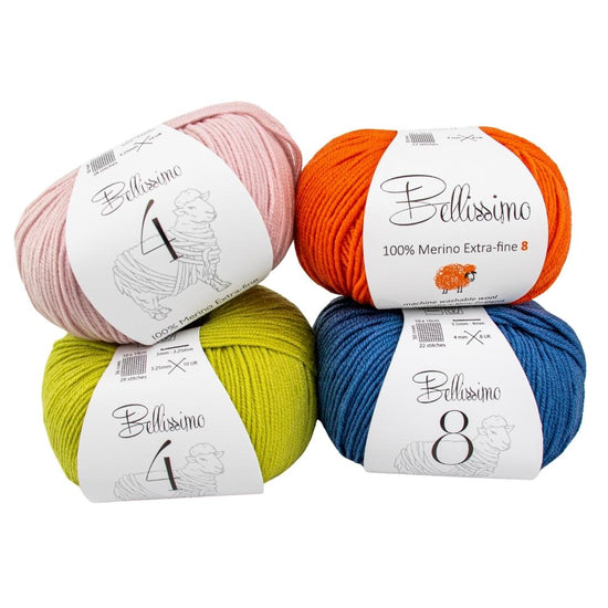 Browse our range of Bellissimo Extra Fine Merino, available in 4 and 8 Ply