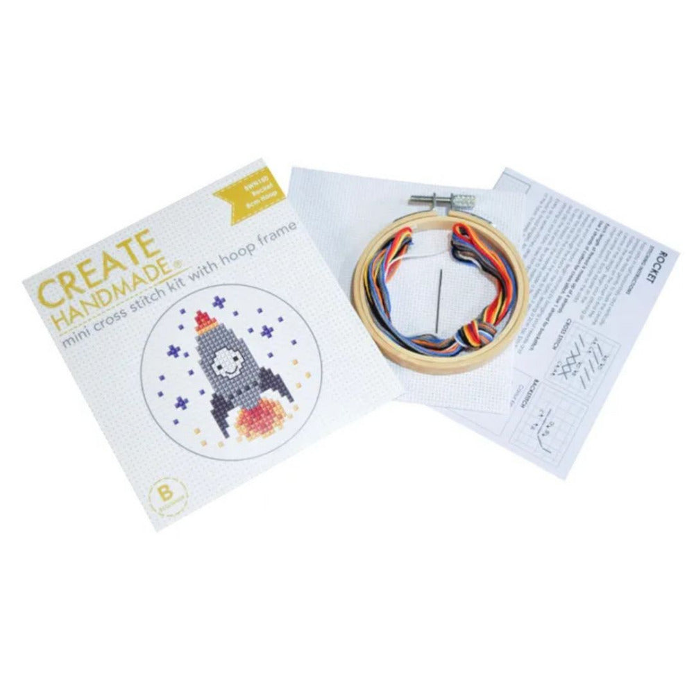 Mini Counted Cross Stitch Kit with Hoop Frame - Rocket