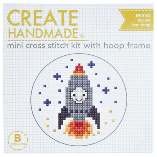 Mini Counted Cross Stitch Kit with Hoop Frame - Rocket