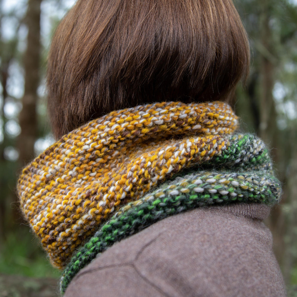 Knitted Cowl using one ball each of Katia Savana Mouliné 203 and 204