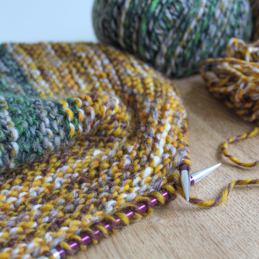 Knitted Snood/Cowl in Katia Savana Mouliné 203 Ochre, Brown, Grey and 204 Green, Yellow Green, and Grey