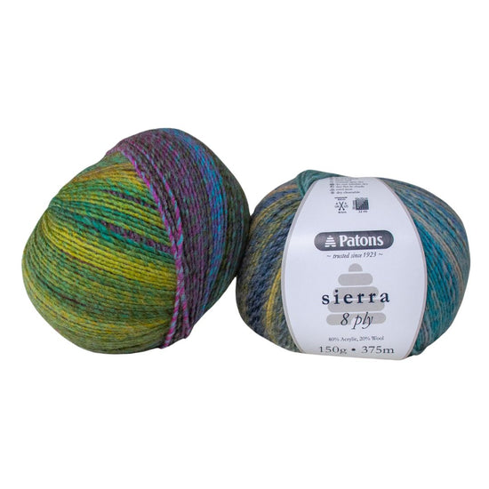 Patons Sierra 8 Ply is a versatile and affodable wool/acrylic self striping yarn, perfect for your knitting and crochet projects!