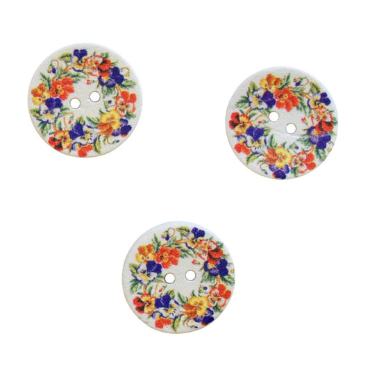 Round White with Coloured Pansies Coconut Shell Two Hole Button 30mm