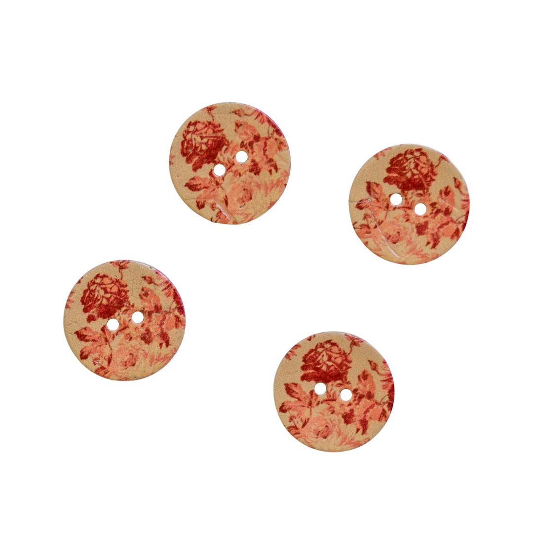 Round Red Peony Coconut Shell Two Hole Button 23mm