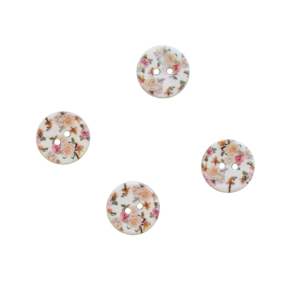White with Pink Roses Coconut Shell Two Hole Button 18mm