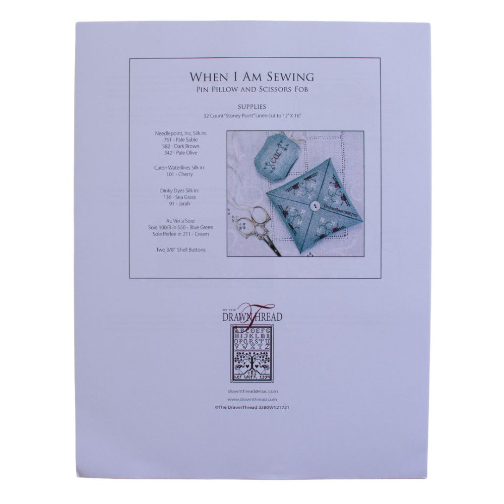 The Drawn Thread "When I am Sewing" Pin Pillow and Scissor Fob Cross Stitch Pattern.