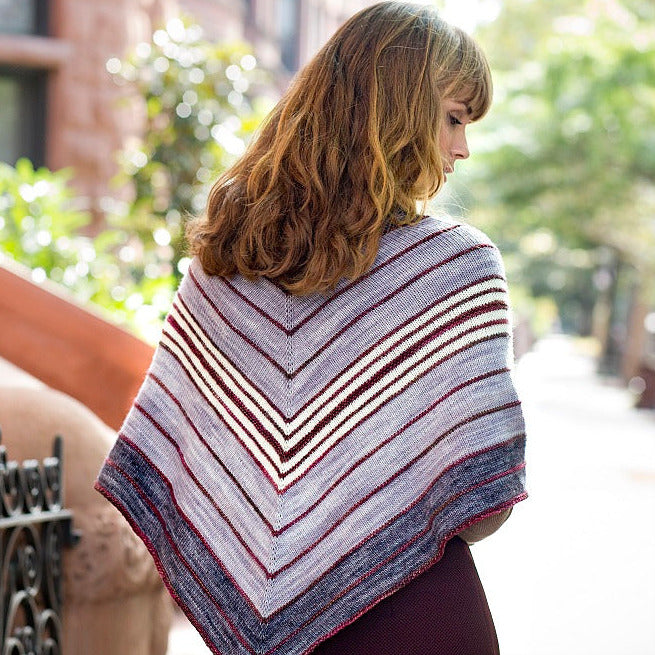 Union Chevron Triangle Shawl, designed by Wei Wilkins, experienced level using Malabrigo Mechita, rear view