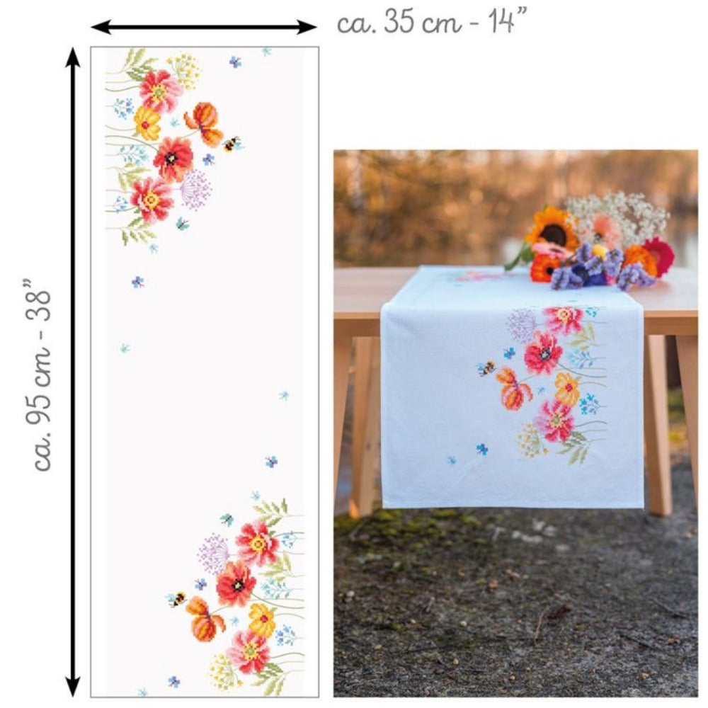 Vervaco Poppies and Wildflowers Printed Cross Stitch Table Runner Kit 35cm x 95cm