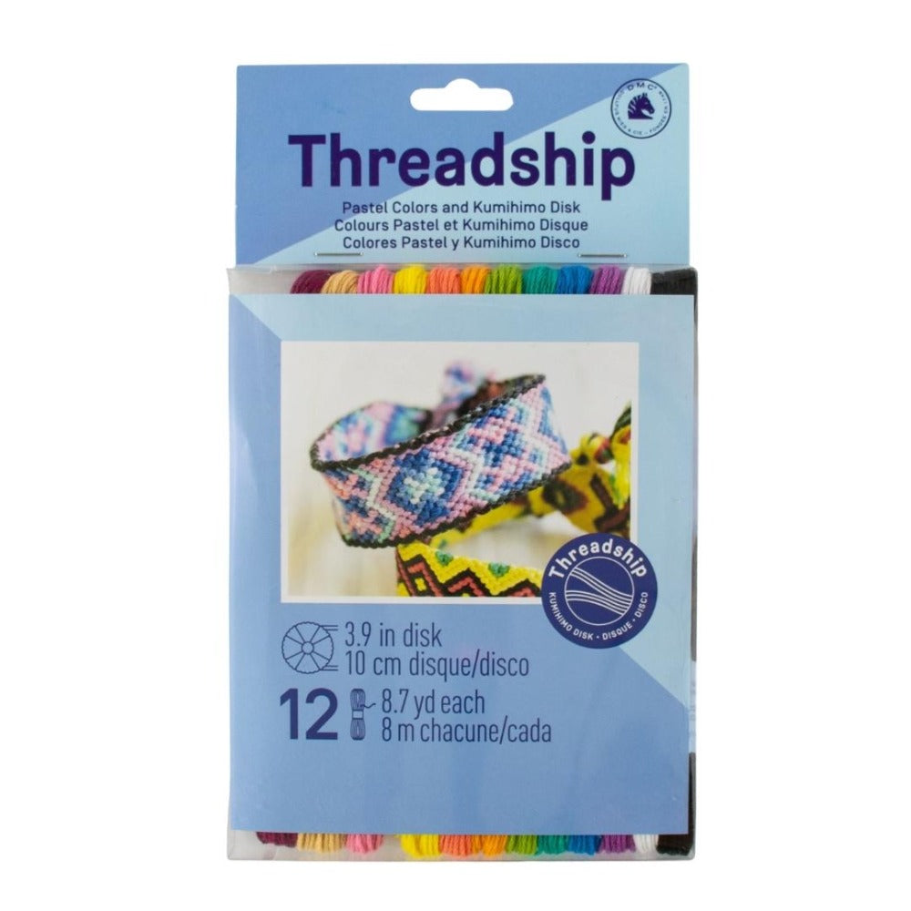 Threadship Pack of 12 Skeins of Stranded Cotton Threads plus Kumihimo Disk-Bright Pastel